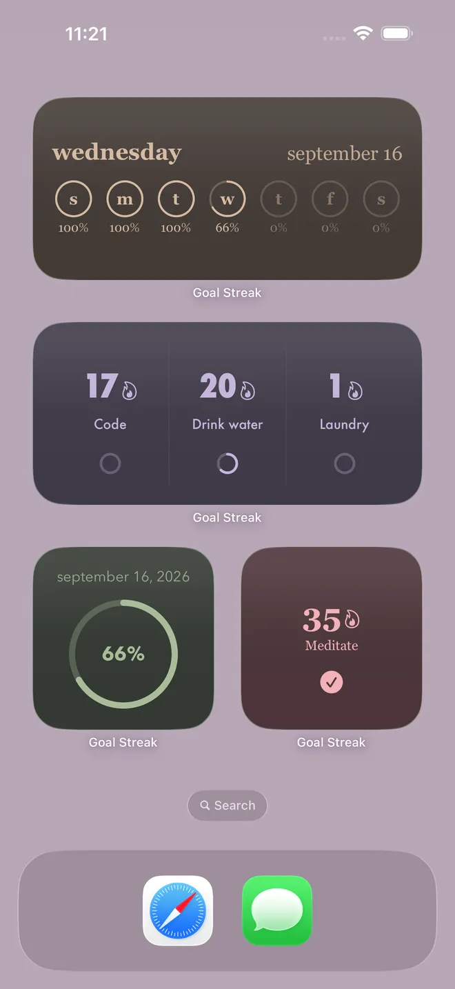 Home Screen widgets showing weekly progress rings, streak counts for several habits and a daily completion percentage
